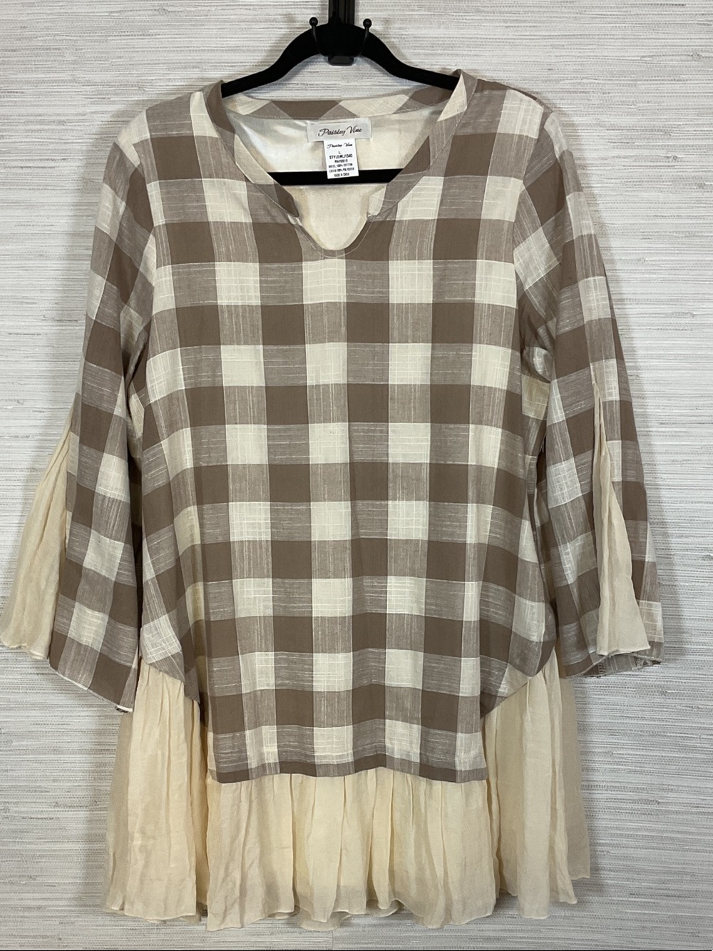 Paisley Vine Cotton Plaid Pieced Flowy Tunic Top Brown Cream Large